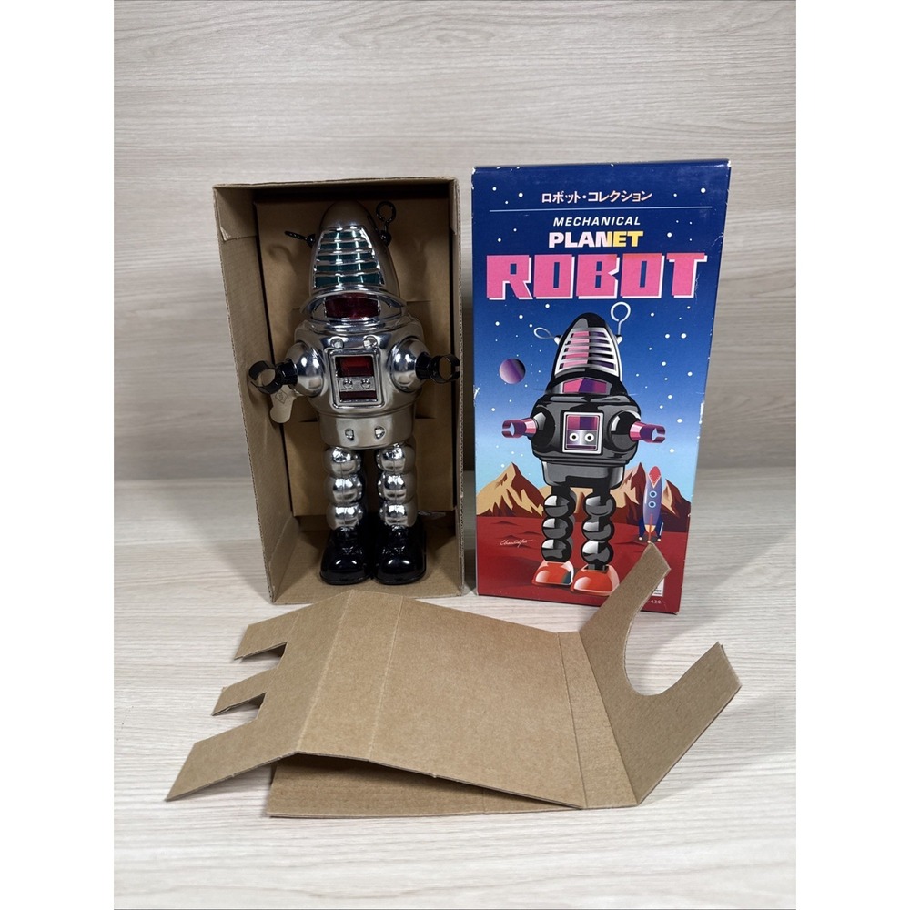 2009 MECHANICAL PLANET ROBOT Retro 9" Tin Wind-Up Chrome‎ MIB w/ Key